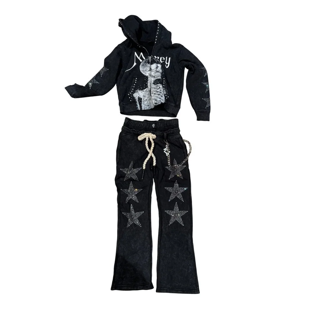 Elite Jeans Black Pearl Skull Rhinestone Sweatsuit Set